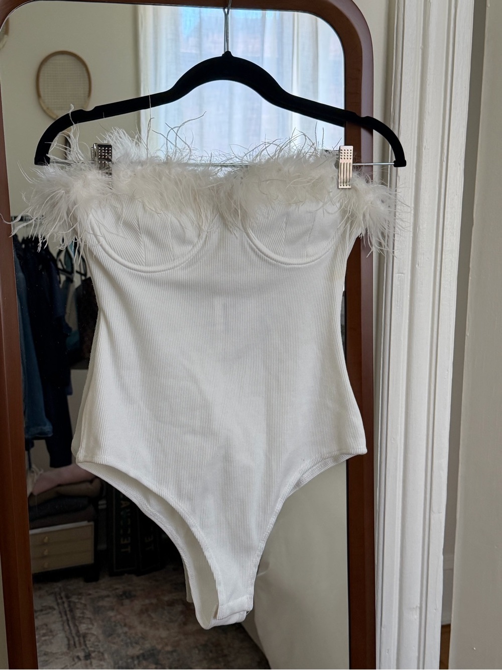 White Feather Trim Strapless Bodysuit